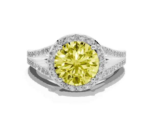 Fancy Yellow Round Cut Halo Split Shank Diamond Ring with Prong Setting White gold
