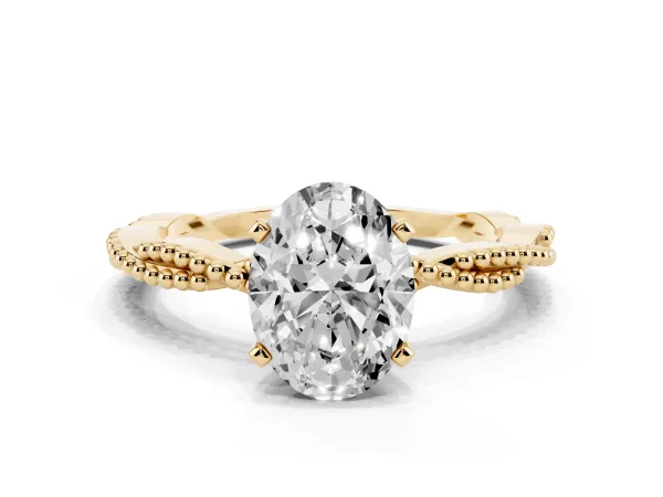 Oval Cut Solitaire Twisted Band with Bead Prong Setting Yellow gold