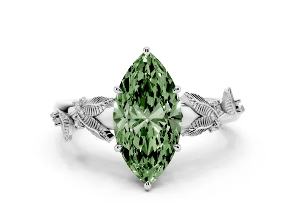 Fancy Green Marquise Cut Diamond Solitaire Ring with Leaf Motif Band and Four-Prong Setting White gold