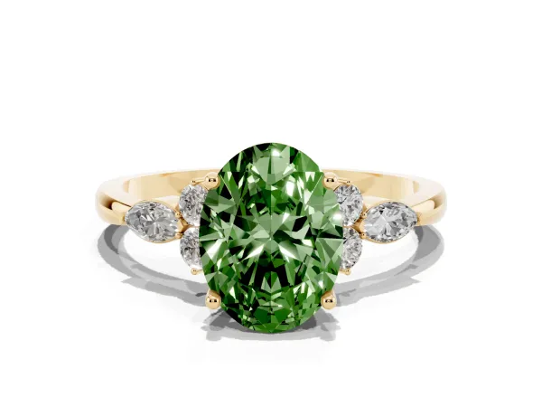 Fancy Green Oval Cut Brilliant Diamond Solitaire Ring with Pear Side Stones and Four-Prong Setting Yellow gold