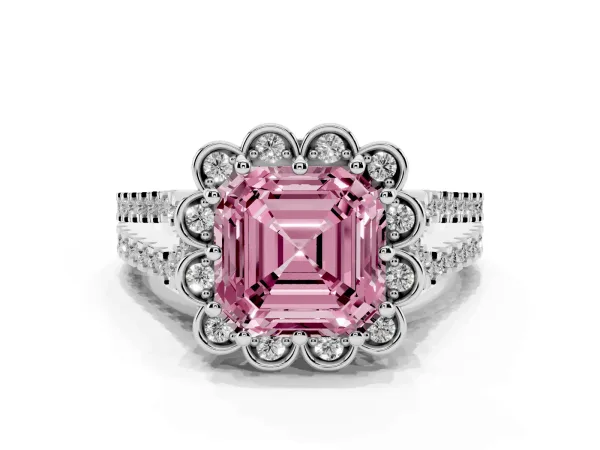 Fancy Pink Asscher Cut Halo Diamond Floral Split Shank Engagement Ring Platinum
