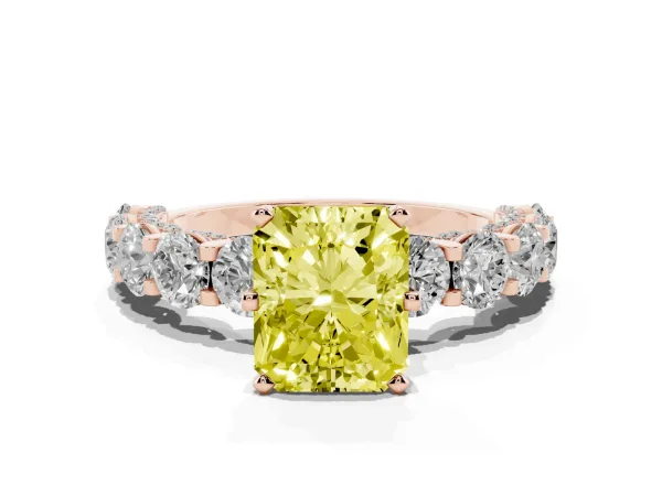 Fancy Yellow Radiant Cut Diamond Side Stone Engagement Ring with Four-Prong Setting Rose gold