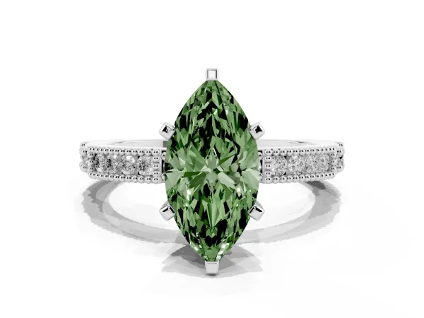 Fancy Green Marquise Cut Solitaire with Pavé Band and Four-Prong Setting White gold