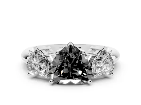 Fancy Black Three-Stone Heart Cut Cut Diamond Engagement Ring with Prong Setting on a White Gold Band White gold