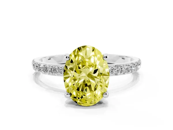 Fancy Yellow Oval Cut Diamond Solitaire Ring with Round Pavé Band and Prong Setting White gold