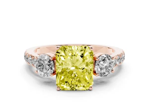 Fancy Yellow Radiant Cut Cut Diamond Three-Stone Ring with Round Side Stones and Pavé Band Rose gold