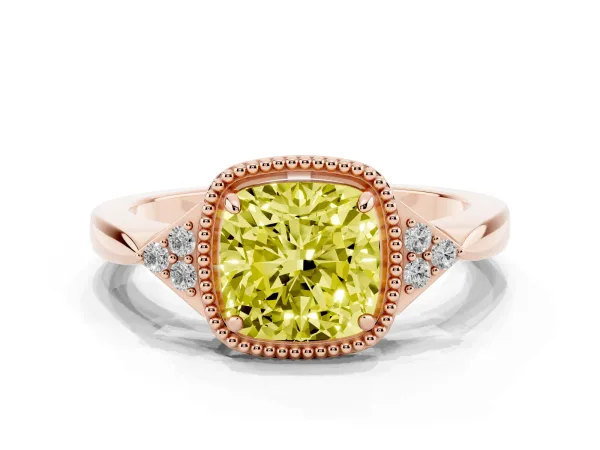 Fancy Yellow Hexagonal Halo Cushion Cut Diamond Solitaire with Pavé Band and Four-Prong Setting Rose gold