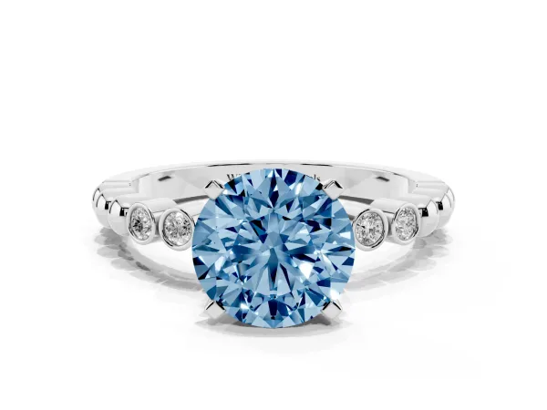 Fancy Blue Round Cut Solitaire Bezel Accent Diamond Engagement Ring with Beaded Band and Four-Prong Setting White gold