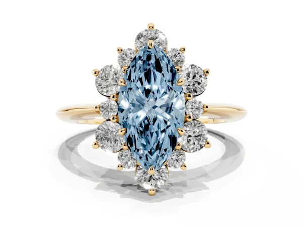 Fancy Blue Marquise Cut Diamond Cluster Halo Ring with Solitaire Band and Four-Prong Setting Yellow gold