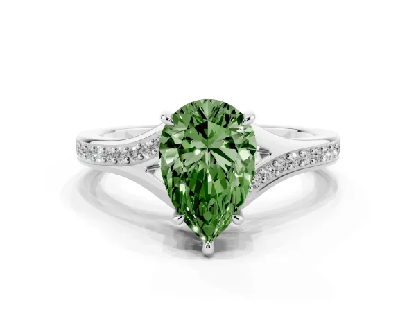 Fancy Green Pear Cut Diamond Solitaire Ring with Pavé Band and Prong Setting Platinum