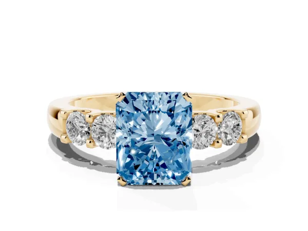 Fancy Blue Radiant Cut Brilliant Cut Diamond Five-Stone Prong Set Engagement Ring with Channel Band Yellow gold
