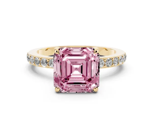 Fancy Pink Asscher Cut Diamond Solitaire Engagement Ring with Pavé Band and Four-Prong Setting Yellow gold