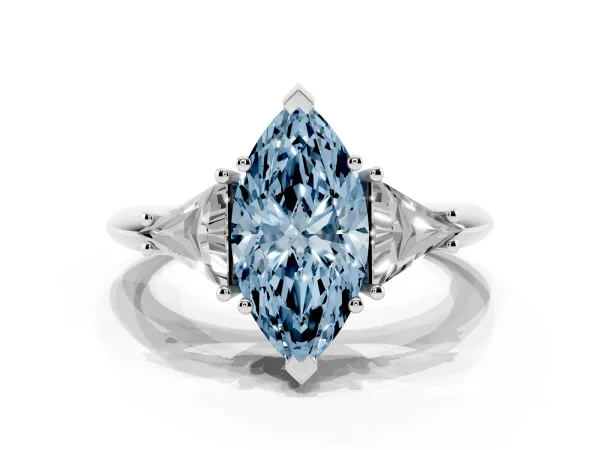 Fancy Blue Three-Stone Marquise Cut Diamond Engagement Ring with Trillion Side Stones and Prong Setting Platinum