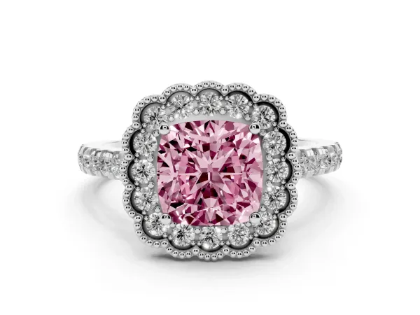 Fancy Pink Cushion Cut Cut Diamond Milgrain Floral Halo Engagement Ring with Pavé Band White gold