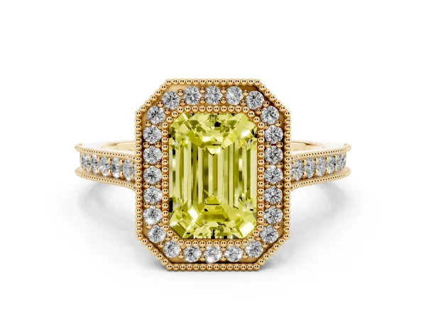 Fancy Yellow Halo Emerald Cut-Cut Diamond Pave Band Milgrain Prong Setting Ring Yellow gold