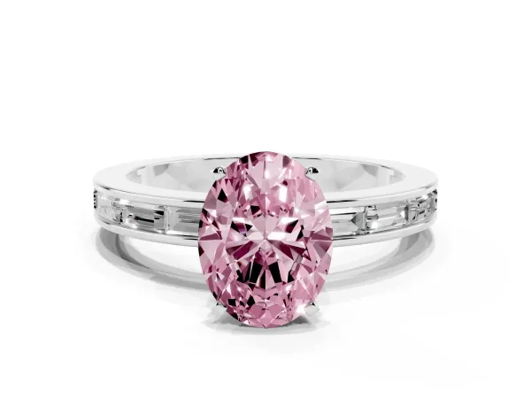 Fancy Pink Oval Cut Solitaire Diamond Ring with Channel-Set Baguette Band and Four-Prong Setting White gold