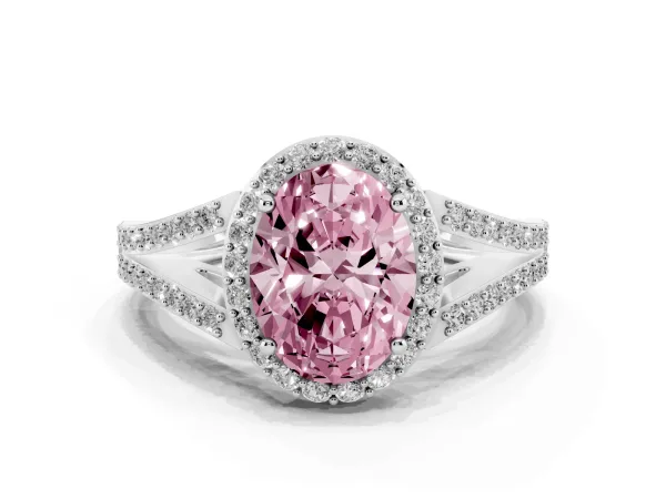 Fancy Pink Oval Cut Halo Split Shank Diamond Ring with Prong Setting White gold