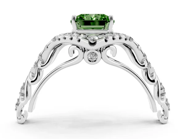 Fancy Green Radiant Cut Diamond Solitaire Ring with Hidden Halo and Pavé Band White gold