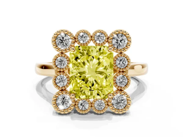 Fancy Yellow Radiant Cut Halo Diamond Cluster Engagement Ring with Milgrain Bezel Setting and Solitaire Band Yellow gold