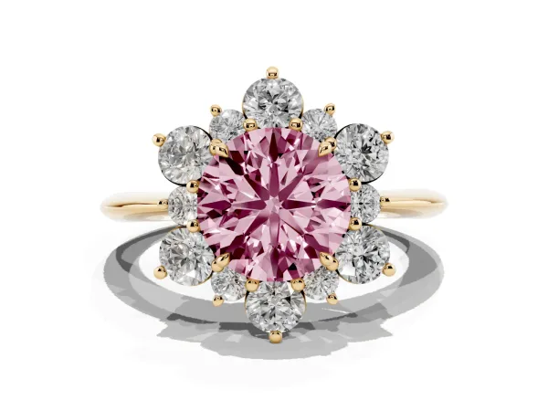 Fancy Pink Round Cut Diamond Cluster Halo Ring with Solitaire Band and Four-Prong Setting Yellow gold