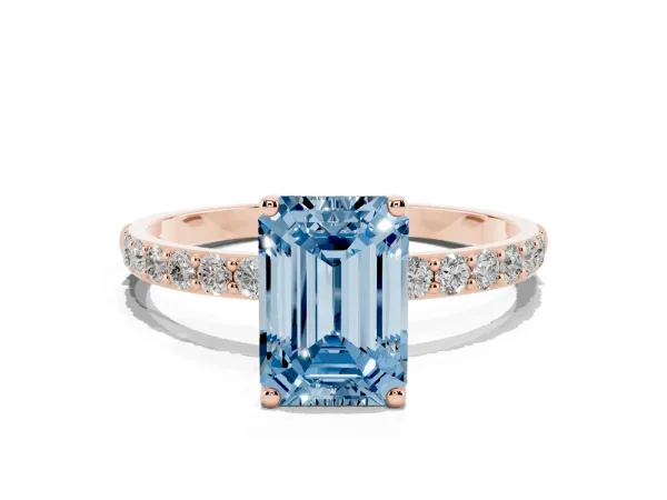 Fancy Blue Emerald Cut Diamond Solitaire Engagement Ring with Round Pavé Band and Prong Setting Rose gold