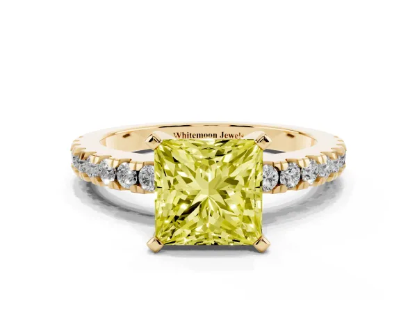 Fancy Yellow Princess Cut Solitaire Diamond with Pavé Band and Four-Prong Setting Yellow gold