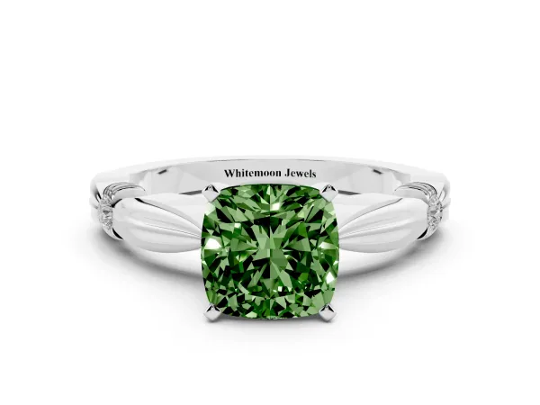 Fancy Green Cushion Cut Solitaire Diamond Twisted Band with Four-Prong Setting Platinum