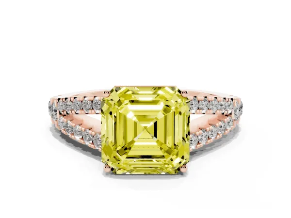 Fancy Yellow Asscher Cut Diamond Split Shank Pavé Engagement Ring with Four-Prong Setting Rose gold