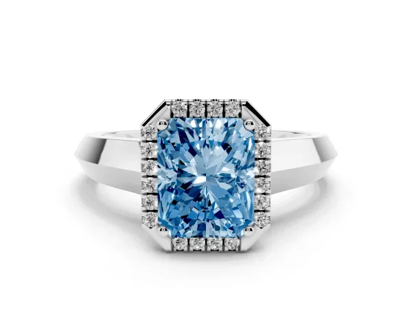 Fancy Blue Radiant Cut Halo Diamond Ring with Cathedral Band and Four-Prong Setting Platinum