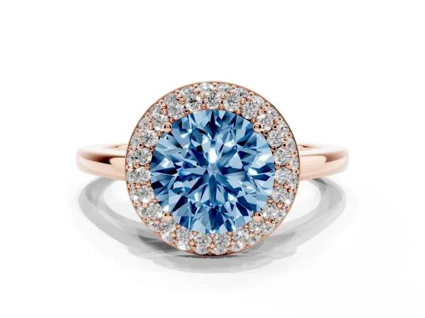 Fancy Blue Round Cut Halo Diamond Engagement Ring with Solitaire Band and Four-Prong Setting Rose gold