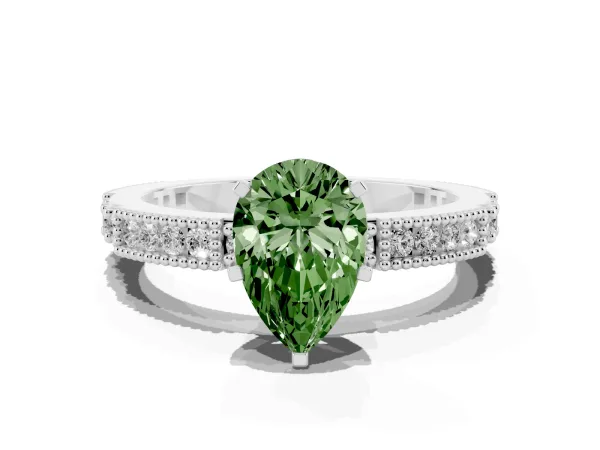 Fancy Green Pear Cut Solitaire with Pavé Band and Four-Prong Setting Platinum