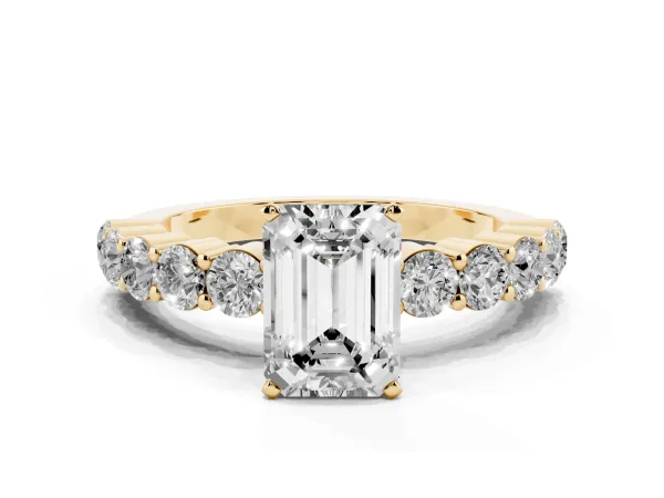 Emerald Cut Diamond Solitaire Ring with Shared Prong Round Side Stones Yellow gold