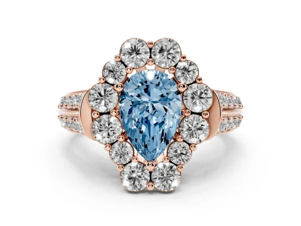 Fancy Blue Pear Cut Halo Diamond Engagement Ring with Split Shank and Prong Setting Rose gold