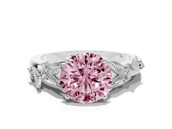 Fancy Pink Round Cut Diamond Solitaire Ring with Leaf Motif Band and Four-Prong Setting White gold