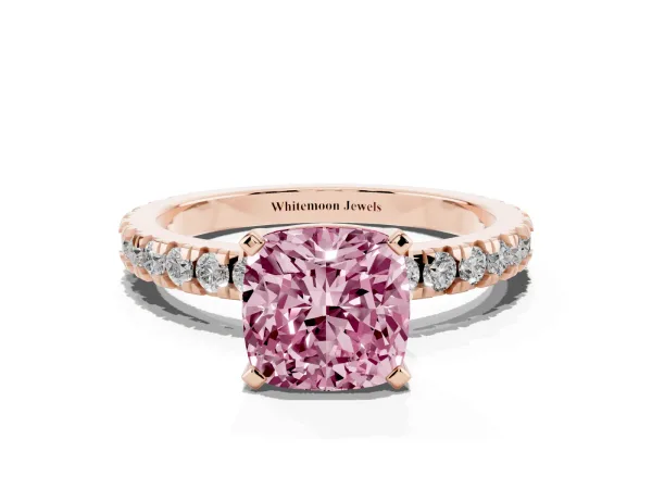 Fancy Pink Cushion Cut Diamond Pavé Band Solitaire with Four-Prong Setting Rose gold