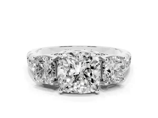 Three-Stone Cushion Cut Diamond Pavé Band with Prong Setting Platinum