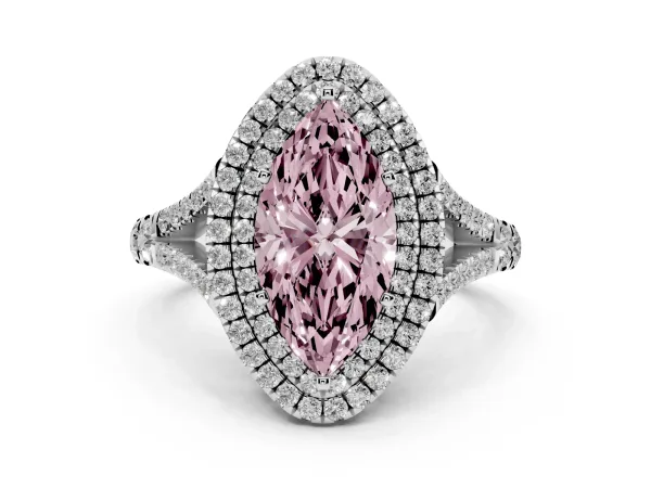 Fancy Pink Marquise Cut Cut Double Halo Split Shank Diamond Ring with Prong Setting White gold