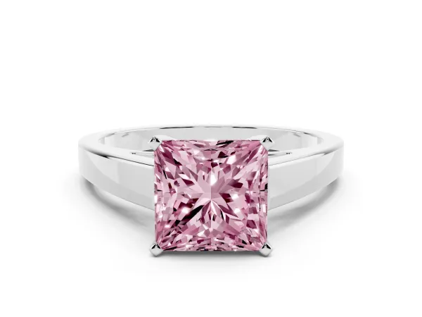 Fancy Pink Princess Cut Solitaire Engagement Ring with Four-Prong Setting and Tapered Band White gold