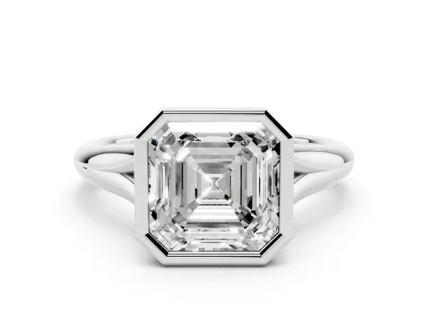 Bezel Set Asscher Cut Solitaire Diamond Ring with Smooth Band Platinum