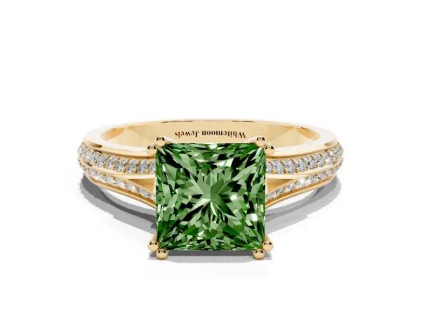 Fancy Green Princess Cut Diamond Split Shank Engagement Ring with Pavé Band Yellow gold