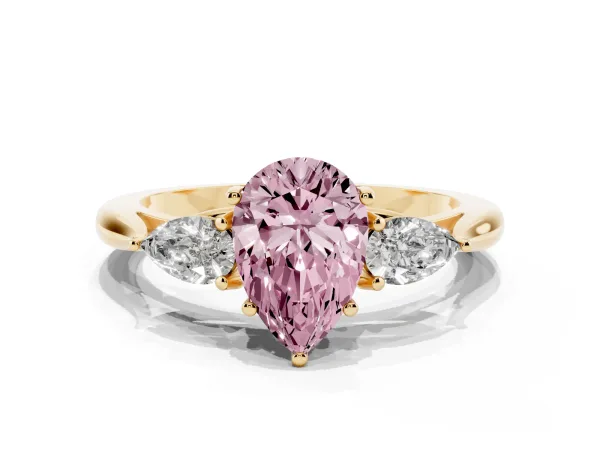 Fancy Pink Three-Stone Pear Cut Diamond Ring with Pear Side Stones in Four-Prong Setting Yellow gold