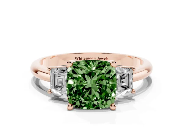 Fancy Green Cushion Cut Diamond Three-Stone Ring with Trapezoid Side Stones and Prong Setting Rose gold