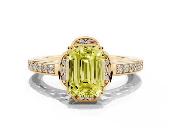 Fancy Yellow Emerald Cut Cut Halo Diamond Ring with Channel Set Band and Four-Prong Setting Yellow gold