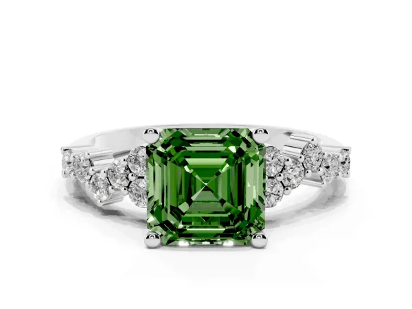 Fancy Green Asscher Cut Diamond Scattered Round Accent Ring with Prong Setting White gold