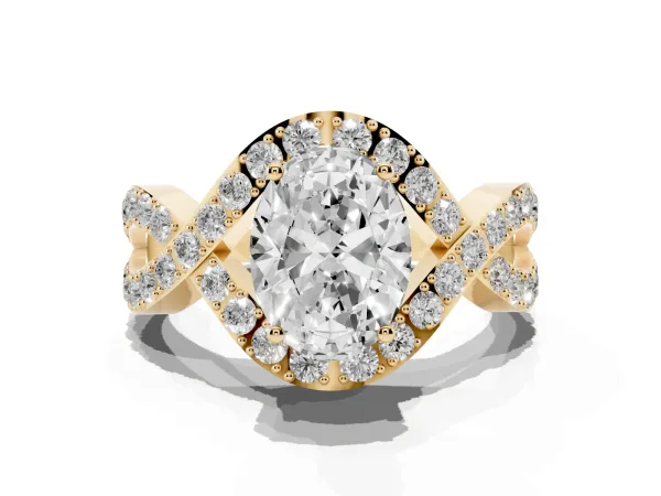 Oval Cut Solitaire Twist Band Pavé Diamond Engagement Ring Yellow gold