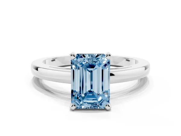 Fancy Blue Emerald Cut Solitaire Diamond Engagement Ring with Four-Prong Setting on a Classic Band Platinum