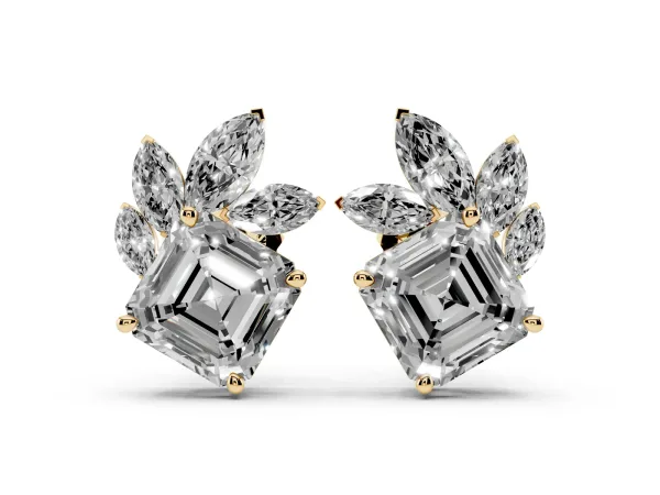 Asscher and Marquise Diamond Cluster Stud Earrings Yellow gold