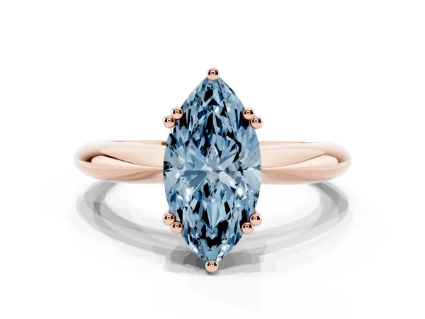 Fancy Blue Marquise Cut Cut Solitaire Engagement Ring with Tapered Band and Four-Prong Setting Rose gold