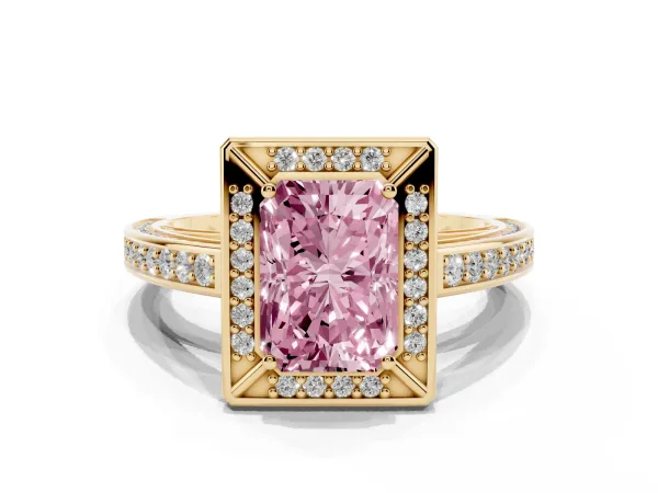 Fancy Pink Radiant Cut Cut Halo Pave Split Shank Prong Setting Ring Yellow gold