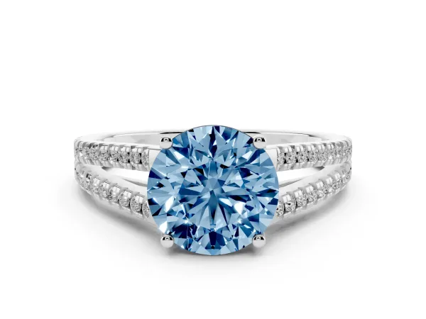 Fancy Blue Round Cut Diamond Solitaire Engagement Ring with Split Shank Pavé Band Platinum